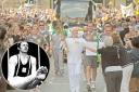 Stan Wild carries the Olympic torch through York in 2012, and is pictured (inset) when he was a top gymnast as a young man