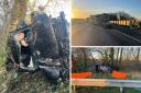 The first pictures have emerged of a crash a man miraculously escaped after being trapped against a tree on a North Yorkshire road Credit: RICHMOND FIRE STATION