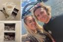 Cam Shaw with his girlfriend Ellyn in Sydney with pictures of the baby scan photo and a specially made baby grow