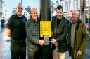 Inspector Matt Plumb, Chris Knox Community Safety Programme Manager for DBC, Cllr Mike Renton and Paul Branch CCTV Manager with the new Help Point button in Darlington.