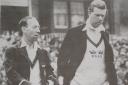 Australian captain Lindsay Hassett on the left and Bill Proud from Bishop Auckland CC on the right go to toss the coin before the start of the Durham County CC v Australia game which started on August 11 1948 at Ashbrooke cricket ground in Sunderland.