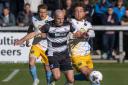 Will Hatfield battles for the ball in Darlington's defeat to King's Lynn