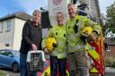 A retiring firefighter’s final job was such a cliché he thought it was a prank – saving a cat from a free. Pictured: Micky Longstaff (R-L)) with colleague Lee Chape, the cat and its owner.