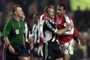 Alan Shearer stops Thierry Henry getting to Graham Poll