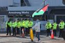 A strong police presence as a pro Palestine demonstration is held outside the Rafael factory on Scotswood Road in Newcastle
