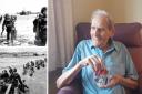 Main image: Joseph Wood remembering D-Day.  Left:  Allied forces landing on the Normandy beaches after minesweepers such as Joseph's had cleared away German mines