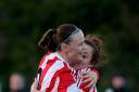 Sunderland Ladies Abbey Joice goal celebration with team mate Bethany Mead against Durham Wildcats at New Ferens Park in Durham....