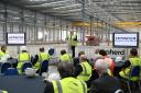 Geoff Hunton at yesterday's 'topping out' ceremony inside Hitachi's £82m Newton Aycliffe train factory. Picture by Phil Hunton.