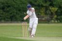 Thornaby's Neil Coverdale top edges a ball from Darlington's Liam Coates over the wicket keeper's head