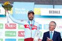 Team Katusha Alpecin's Rick Zabel on the podium after winning stage two of the Tour de Yorkshire. PRESS ASSOCIATION