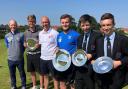 Dyke House's winning golfers Will Skipp, Jack Burton and Louis Westmoreland flanked by coaches James Harper (left) and Graeme Storm (centre, white) with Dyke House's Elite Development Squad coordinator Rhys Morris