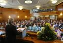 Mayor of Durham, Grenville Holland, addresses the council chambers in Durham County Hall on the day power was handed over to the new unitary council