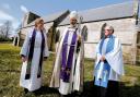 FULL OF PRAISE: Above, ‘Bishop Tom’, the Bishop of Durham ,pays his first visit to St Helen’s Church in Kelloe, alongside priest Carole Lloyd and lay reader George Reed