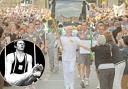 Stan Wild carries the Olympic torch through York in 2012, and is pictured (inset) when he was a top gymnast as a young man