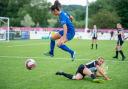 Durham Women full-back Lauren Briggs leapfrogs an opponent during the club's pre-season win over Newcastle United