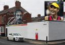 The tribute to tennis star Emma Raducanu, inset, on the wall in Drury Street, Darlington