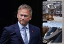 Left: Transport Secretary Grant Shapps, top right: Inside the Hitachi factory, bottom right: a new concept HS2 train design.