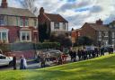 Teddy Cumbor's cortège making its way to Great Ayton burial ground, with Teddy pulled by a Clydesdale