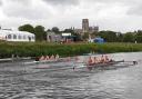 Women's novice fours crews from rival Durham University colleges Grey and Collingwood almost neck and neck in an early race at the start of the 2022 Durham Regatta  Picture: DURHAM REGATTA