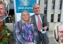 Angela and Michael Green outside Darlington town hall where they spoke about the Blackwell Parkland, with Cllrs Matthew Snedker (inset, left) and Nigel Boddy (inset, right). Pictures: Gareth Lightfoot.
