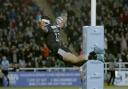Newcastle Falcons' Matias Moroni dives in to score a try