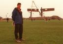 Sculptor Anthony Gormley watches the Angel of the North taking shape