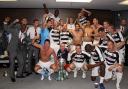 Dan Burn, centre, back row, in the changing room as Darlington celebrate winning at Wembley in May 2011