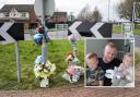 Tributes to Lee have been left at the crash site. Inset: Lee and his two children.