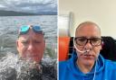David Scott swimming in Ullswater and right, during cancer treatement