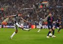 Sean Longstaff fires home his goal against Paris St Germain