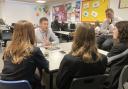 Chris Brown, from Darlington Building Society, being interviewed by budding journalists from Hummersknott Academy