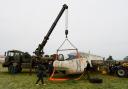 The fuselage of the Avro Shackleton arrives at the Yorkshire Air Museum, where it will be painstakingly rebuilt over the next two years