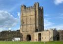 Richmond Castle stands above the River Swale in North Yorkshire, with the historic Norman fortress overlooking Castle Walk, which has been temporarily closed following an overnight rockfall.