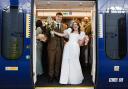Newlyweds Clare Robinson-Wall, 30, and her husband, Harry, 29, originally from Teesside, celebrated their marriage by travelling on a Northern train from Leeds station to New Pudsey with 80 guests