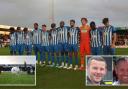 Silence fell across Victoria Park before Hartlepool's game against Eastleigh in memory of PCs Tom Clough and Matthew Blades (inset, L-R).
