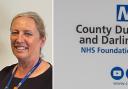 Left: Sue Jacques. Right: A County Durham and Darlington NHS Trust sign