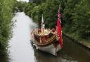 The Royal Barge Gloriana on the River Thames passes through Old Windsor Lock to mark the 800th anniversary of the sealing of the Magna Carta. Picture: PRESS ASSOCIATION