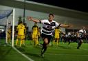 Graeme Armstrong celebrates scoring for Darlington against West Auckland in 2014 - the last time Quakers won an FA Cup tie. Picture: CHRIS BOOTH