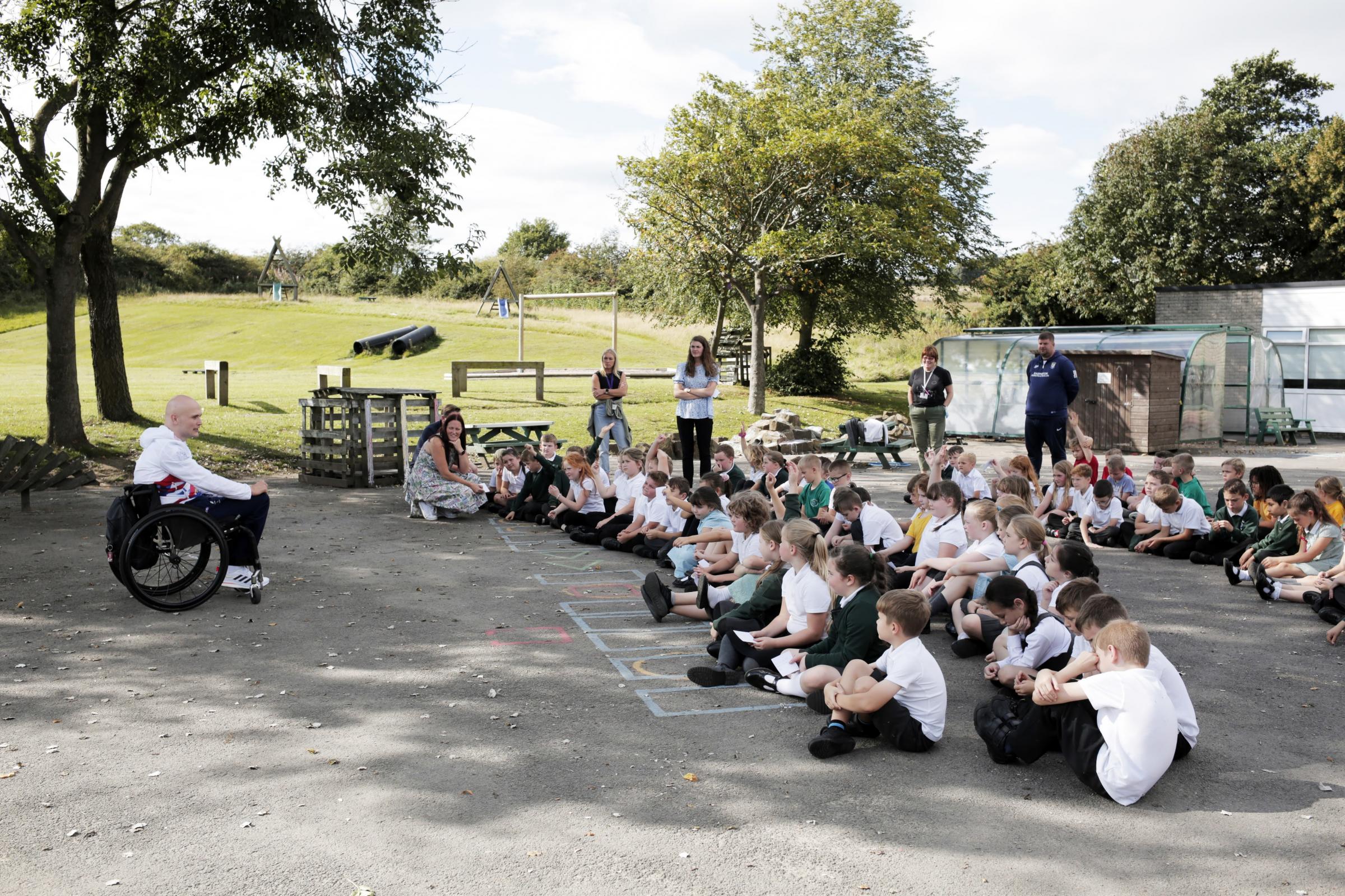 Gold medal winning paralympian Jack Smith at Tanfield Lea Community Primary School, near Stanley. Photograph: Stuart Boulton.