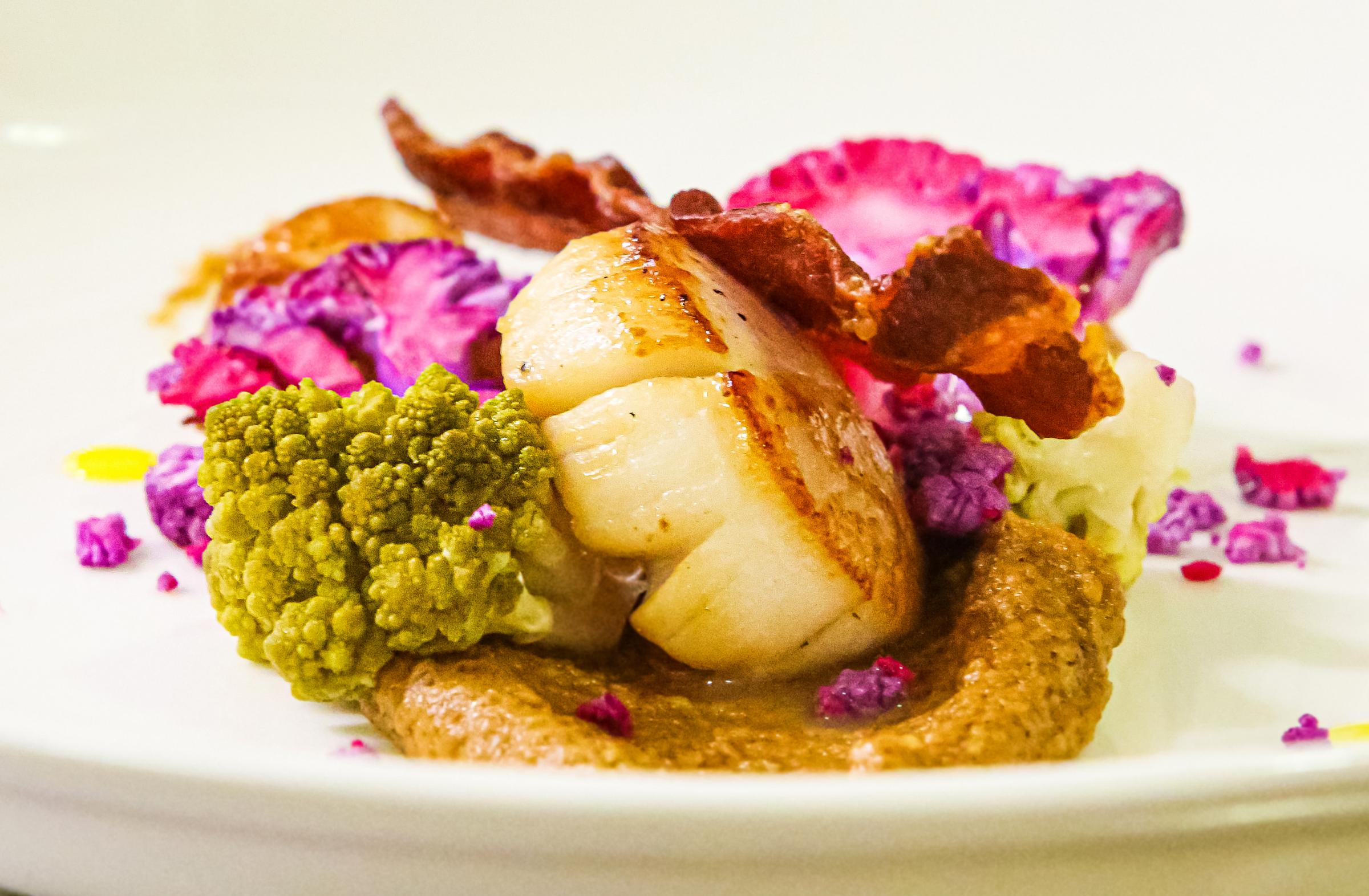 Seared king scallops, crispy bacon and textures of cauliflower from The Bridgewater Arms new menu Picture: Christine Meldon