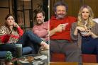 Aisling Bea and Rob Delaney (left) plus Michael Sheen and Anna Lundberg will be among the celebrity pairs on Gogglebox tonight (Channel 4)