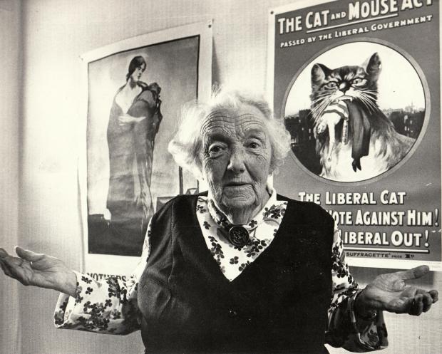 The Northern Echo: Connie Lewcock in her later days with suffragette posters behind her.