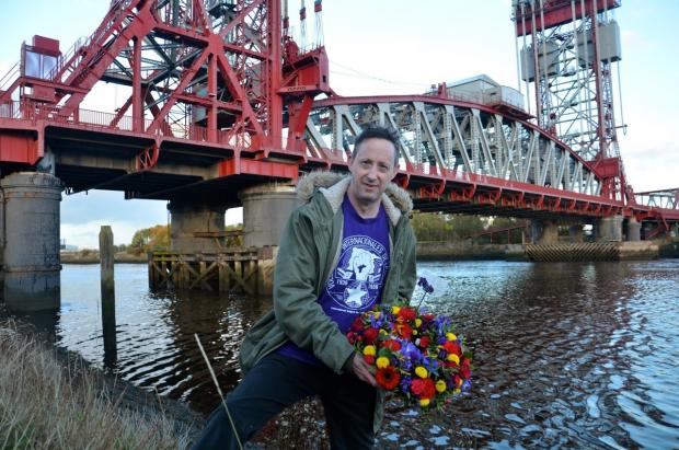 The Northern Echo: Left: Tony Fox at the River Tees with a wreath to Teesside volunteers in the International Brigade colours of red, yellow and purple.Right: Teresa Sutton, Julie Lee and Sharon Hardy, relatives of Bilbao refugee Fermin Magdalena, who escaped to England.
