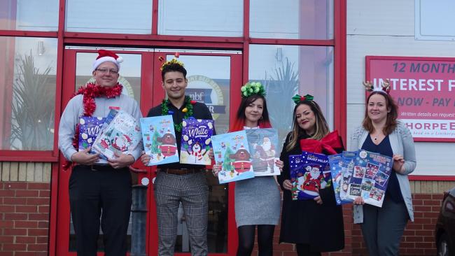 Linthorpe Beds is collecting advent calendars for NQA Foodbank in Darlington until November 20. Pictured: Paul Smith, Kalim Midgely, Robyn Newby, Tara Corcoran and Cassie Cooper