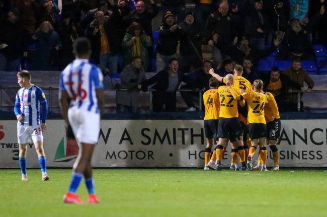 Newport County celebrate Dom Telford's stoppage time winner. PICTURE: MARK FLETCHER.