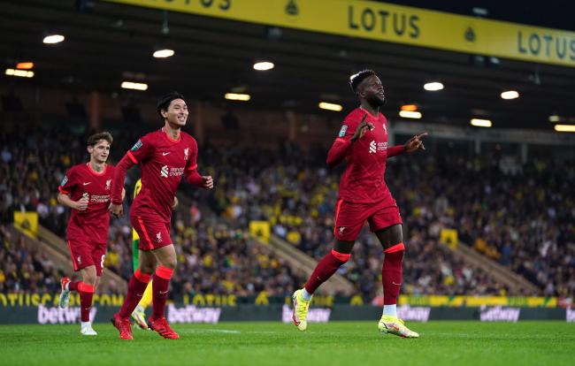 Divock Origi celebrates after scoring for Liverpool in this season's Carabao Cup third-round game at Norwich City