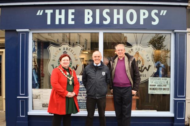 The Northern Echo: Cllr Katie Eliot, Mayor of Bishop Auckland, chairman of Bishop Auckland FC, Steve Coulthard and Bishop of Diurham, Paul Butler, at the opening of 'The Bishops'.