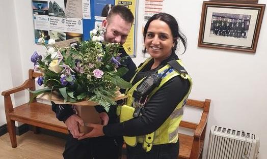 Shane thanks PC Nagina Akhtar at Thirsk police station