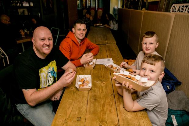 The Northern Echo: Dave Hyde, Simon Robinson and Oliver, nine, and Spencer Hyde, five, put the pies to the test Pictures: SARAH CALDECOTT