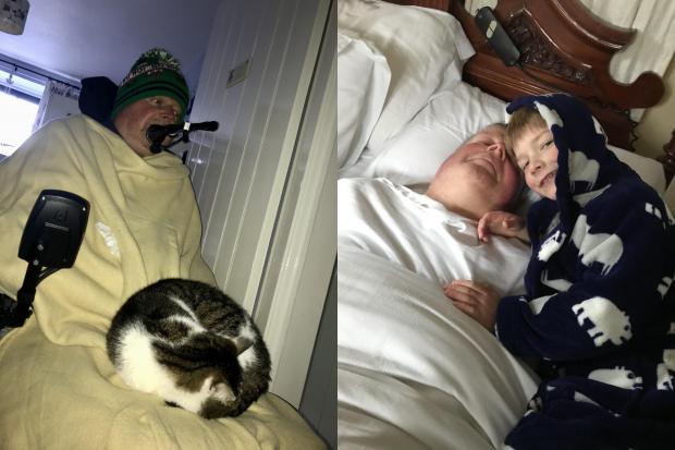 The Northern Echo: Left: Miles is wrapped in blankets after having no heating. Right: Miles is comforted during the storm by his 6-year-old son Myron.